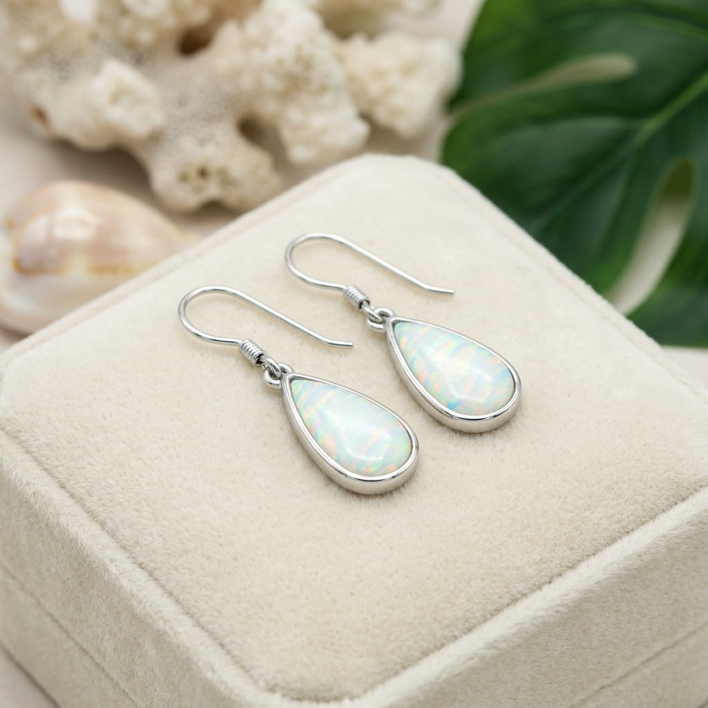 Hawaiian Dewdrop Teardrop Opal Stone Dangle Earrings - 925 Sterling Silver