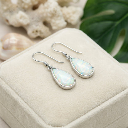 Hawaiian Dewdrop Teardrop Opal Stone Dangle Earrings - 925 Sterling Silver