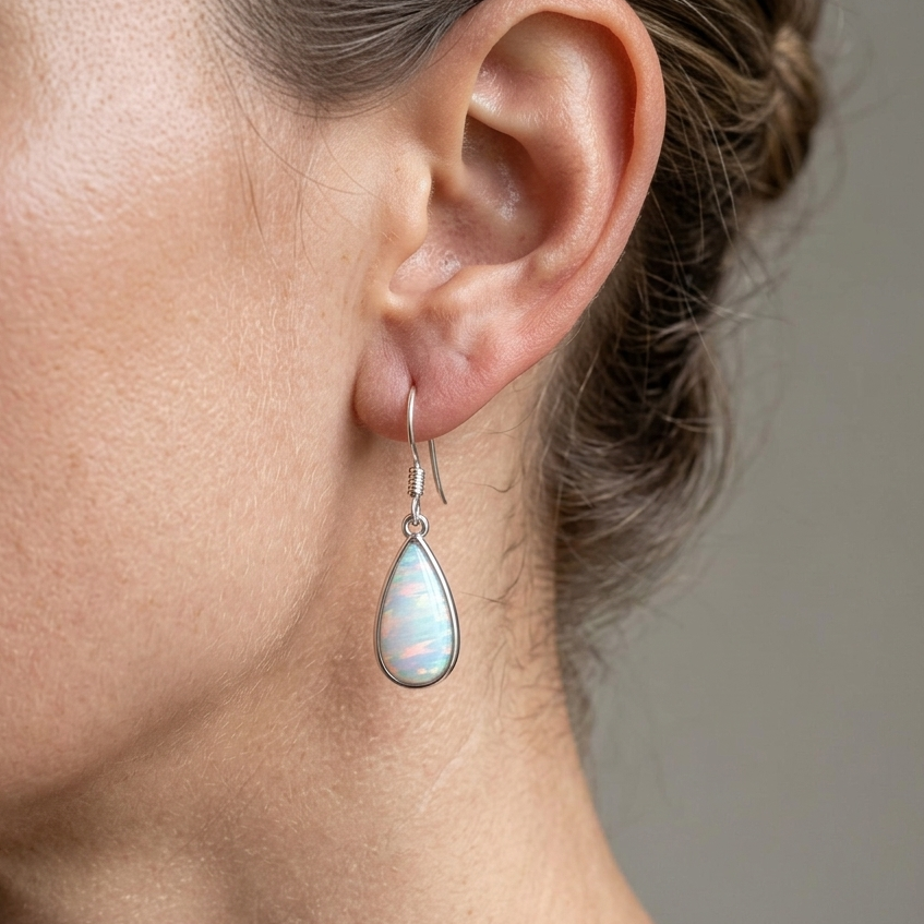 Hawaiian Dewdrop Teardrop Opal Stone Dangle Earrings - 925 Sterling Silver