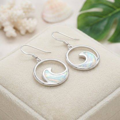 Round Hawaiian Ocean Wave Circle Opal Stone Dangle Earrings - 925 Sterling Silver