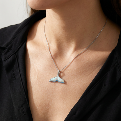 925 Sterling Silver Deluxe Opal Stone & Blue Topaz Whale Tail Pendant Necklace