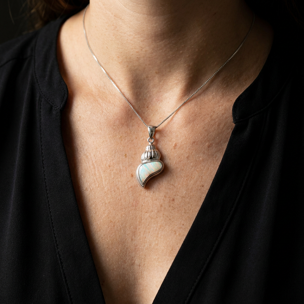 925 Sterling Silver Deluxe Opal Stone Conch Seashell Pendant Necklace