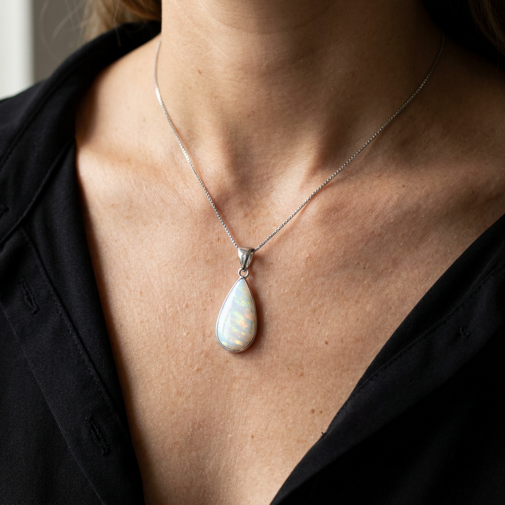 925 Sterling Silver Deluxe Opal Stone Raindrop Pendant Necklace