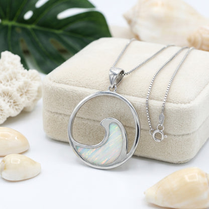 Hawaiian Round Ocean Wave Opal Stone Pendant Necklace - 925 Silver