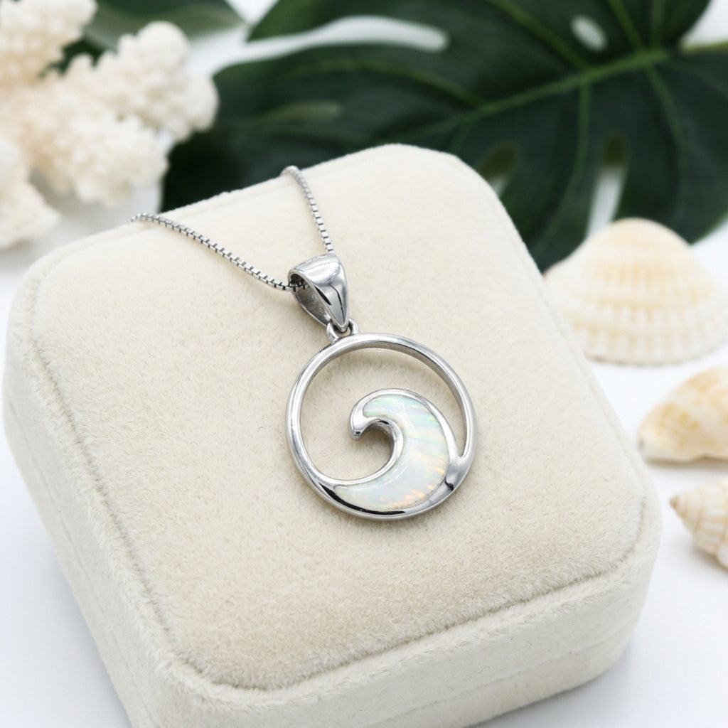 Hawaiian Round Ocean Wave Opal Stone Pendant Necklace - 925 Silver